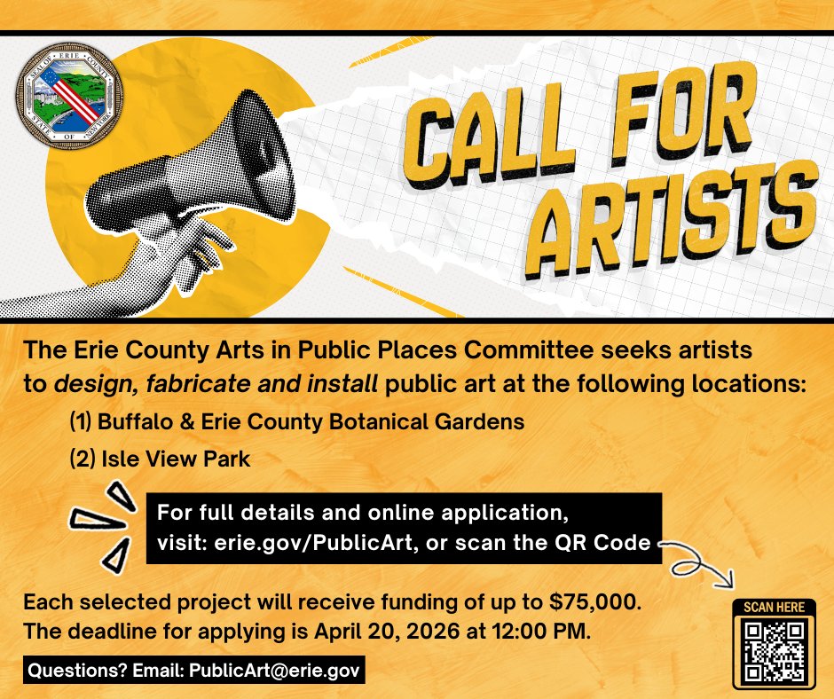 ErieCountyNY's tweet photo. 🚨 DEADLINE ALERT: Proposals for two new public art commissions at the Buffalo &amp; Erie County Botanical Gardens and Isle View Park are due Monday, April 20 at noon.

❓ Questions? Go to https://t.co/EEf0M9YSPw, or email publicart@erie.gov https://t.co/REXa6rpdQI