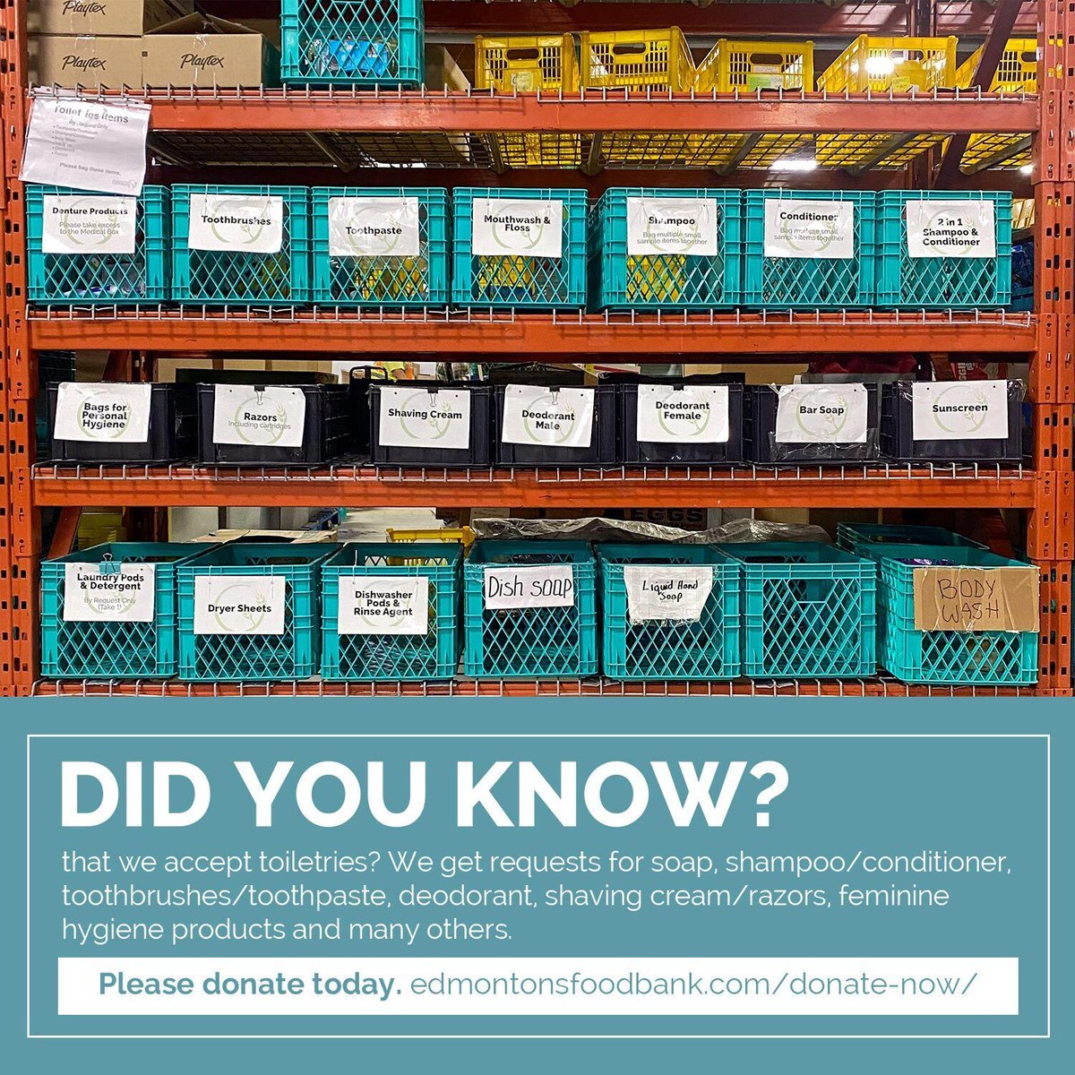 yegfoodbank's tweet image. #DYK we accept toiletries? We get requests for soap, shampoo/conditioner, toothbrushes/toothpaste, deodorant, shaving cream/razors, feminine hygiene products and many others.

We are often in need of personal hygiene products, which upon request, we add to hampers. #yeg #edmonton