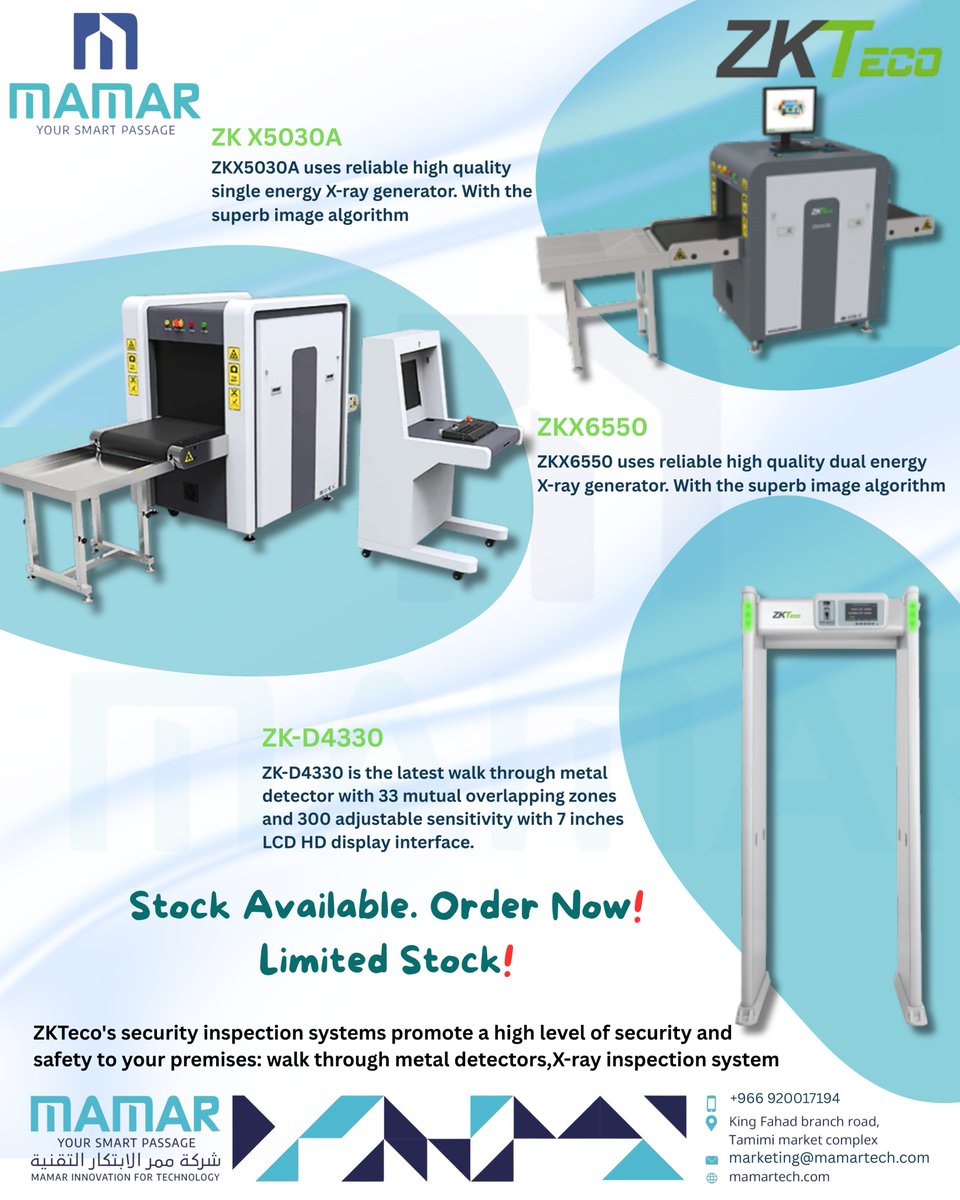 mamartech's tweet image. Upgrade your security setup with advanced X-ray scanners &amp;amp; metal detectors.

⚡ Reliable. Accurate. Ready stock available.
📩 Contact us today – limited units!

#Security #XRay #MetalDetector #Tech #Safety #ZKTeco #SmartSecurity #NowAvailable #BusinessTech