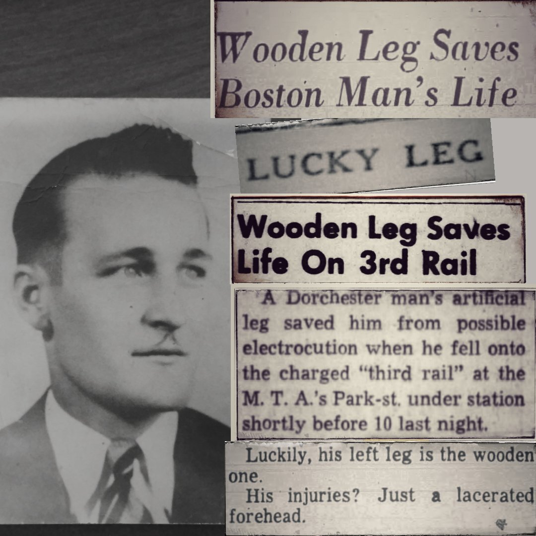 emilysweeney's tweet photo. Hear the strange but true story about my grandfather falling onto the tracks at Park Street station and touching the third rail. 
(But thanks to his wooden leg, he wasn't electrocuted. The crazy story of his “lucky leg” appeared in newspapers across the country.) https://t.co/r3FLSioUsO