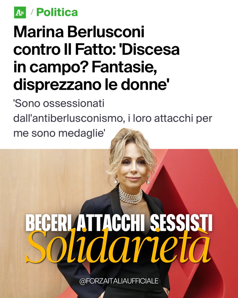 Tutta la nostra solidarietà e vicinanza a Marina Berlusconi per gli attacchi volgari e sessisti ricevuti da “Il Fatto Quotidiano”.

Insulti e offese che non hanno nulla a che vedere con la critica, il giornalismo e l’informazione.