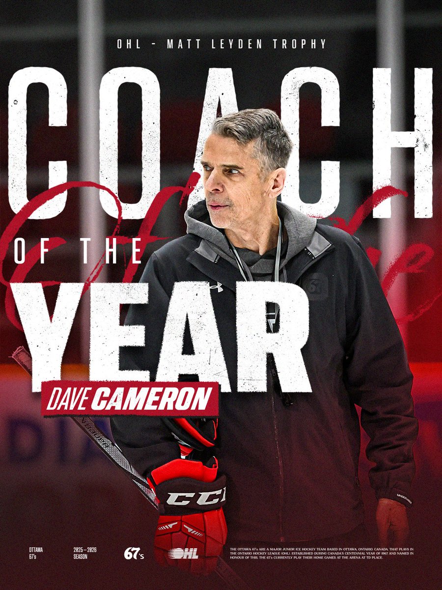 A selfless leader, a culture builder, and now officially THE best in the league 🐐

<a href="/OHLHockey/">Ontario Hockey League</a> announced today that Ottawa 67’s Head Coach Dave Cameron has been named the recipient of the 2026 Matt Leyden Trophy as OHL Coach of the Year. 

📰 | bit.ly/4vsNEU9