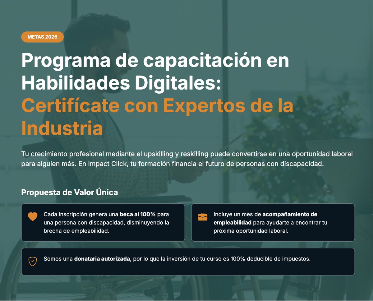 ImpactClick's tweet photo. 2/2 ¿Lo mejor? Tu inversión tiene propósito social y es 100% deducible de impuestos (somos donataria autorizada). 🧾✅
Inscríbete o pide informes: 🌐 https://t.co/NWye5W5PW6📲 WhatsApp: 55 8016 8048 📩 O mándanos un DM.
#MarketingDigital #UXUI #Salesforce #TechSkills #ImpactClick https://t.co/KrZWHVI7xz