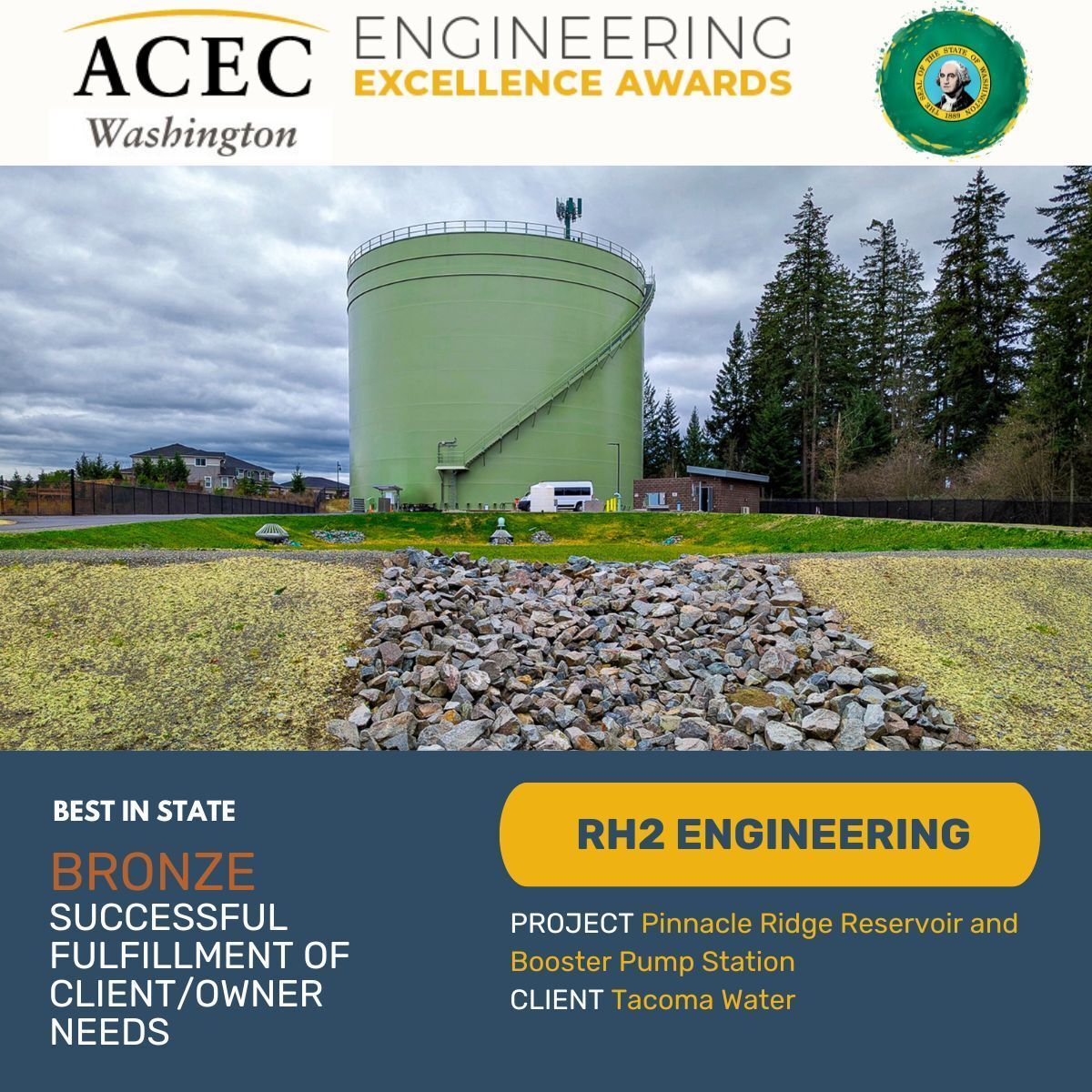 ACECWA's tweet image. ⭐ RH2, your project of the Pinnacle Ridge Reservoir and Booster Pump Station for Tacoma Water @mytpu won state bronze at the ACEC WA EEAs!

Other consultants: Ceccanti, Dakota Pump, 1 Alliance Geomatics, Holocene Drilling

#EngineeringExcellence #AEC #engineering