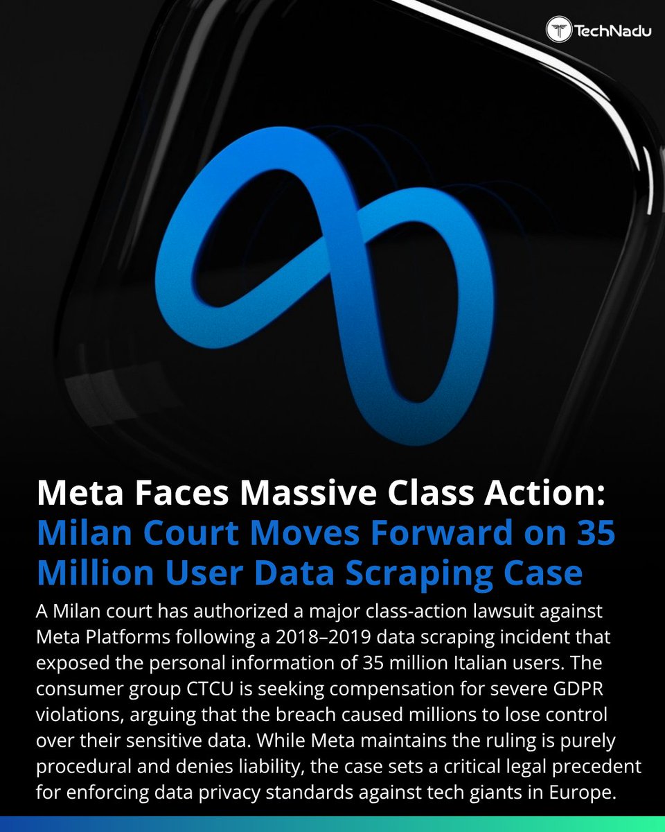 TechNadu's tweet image. 🛡️ @Meta faces class action in Italy 🚨
• 533M Facebook users scraped
• 35M affected in Italy
• GDPR violations alleged
Could set a major precedent

#DataPrivacy #GDPR #Cybersecurity
