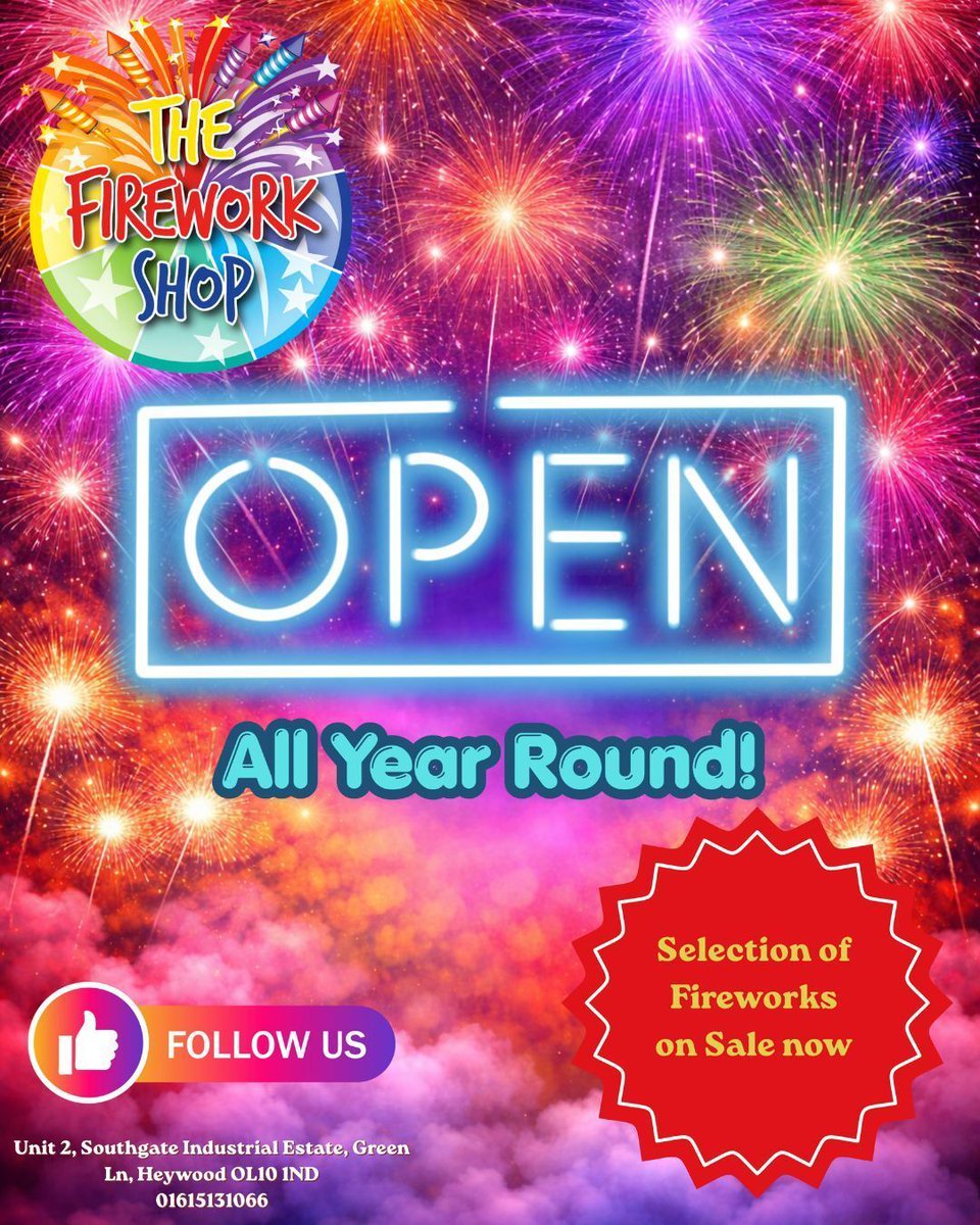 shop_firework's tweet photo. OPEN. ALL. YEAR. ROUND. 🔥
No need to wait for Bonfire Night 👀
📍 Come and see us
#Fireworks #OpenAllYear #ShopLocal #FireworkShop #AnyOccasion https://t.co/v5NL4Fn585