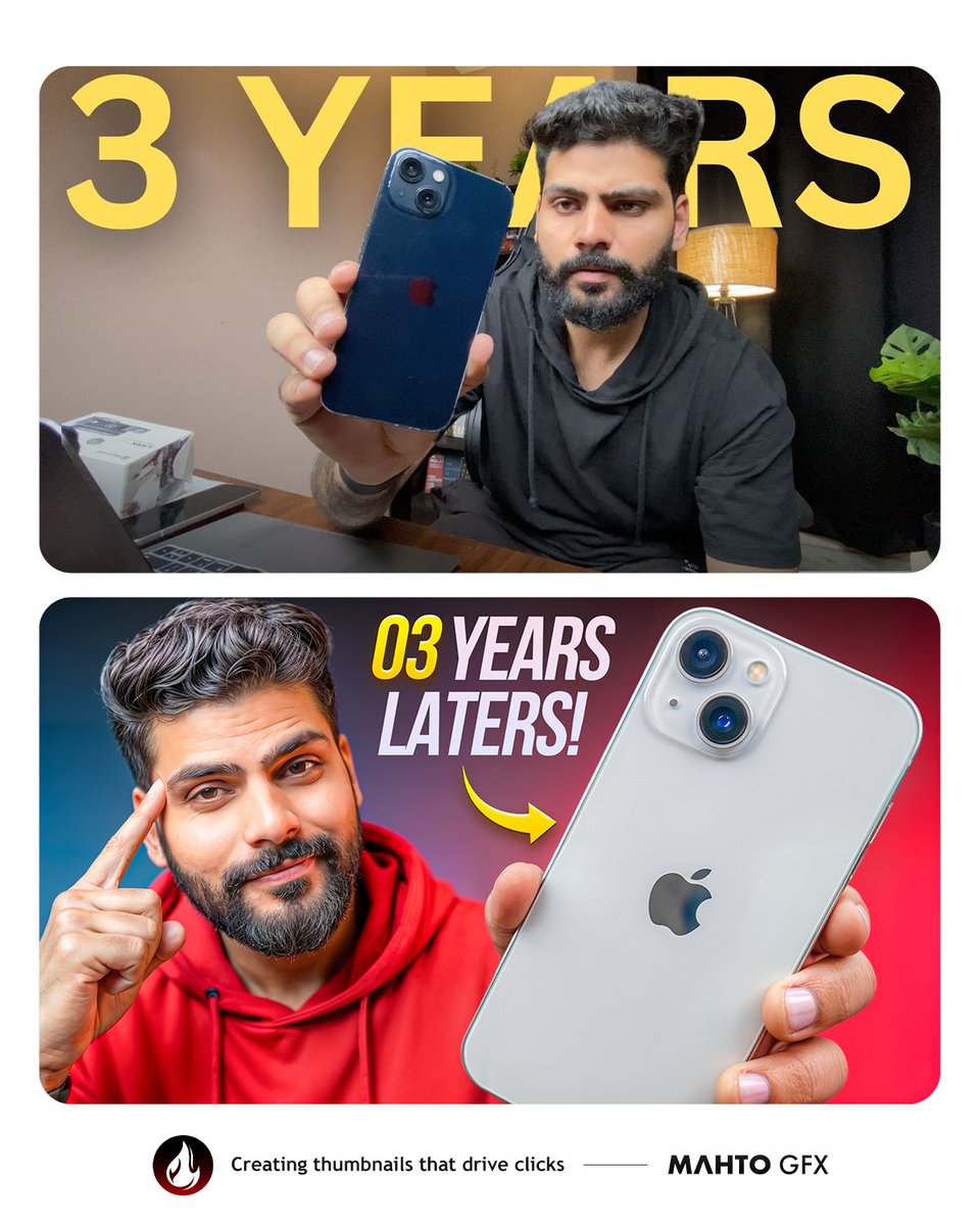 MahtoGFX's tweet photo. Day 21/30 of Consecutive Thumbnail Re-Design 🖌🎨

Title - After 3 years i still don't want to upgrade! iPhone 13

Let me know what do you think about this in the comments 👇

Tools Used - @photoshop

#MahtoGFX #Mahto #thumbnail #photoshop #graphicsdesign https://t.co/gy8wQfYLtd