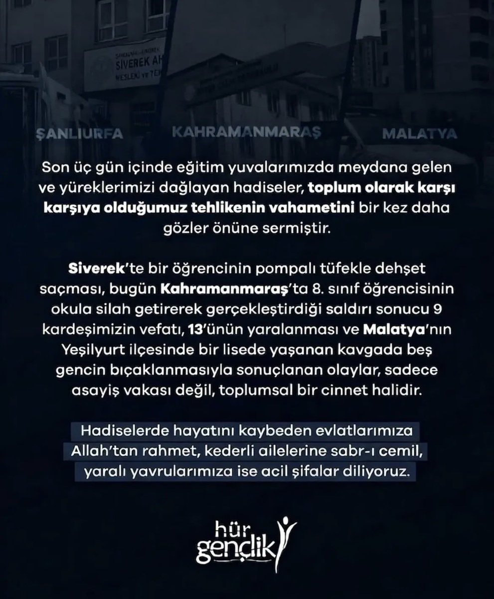 HurGenclik73's tweet photo. Dün Siverek, bugün Kahramanmaraş!

Kahramanmaraş'ta meydana gelen menfur saldırıyla yüreğimiz parçalandı.
Saldırıda hayatını kaybeden öğretmen ve öğrencilerimize Allah'tan rahmet, kederli ailelerine ve eğitim camiasına başsağlığı diliyoruz. https://t.co/dEFzBgqby2