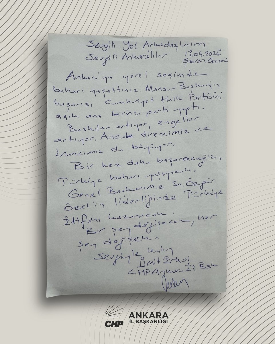 Sevgili Yol Arkadaşlarım, Sevgili Ankaralılar

Ankara’ya yerel seçimde baharı yaşattınız. Mansur Başkan’ın başarısı, Cumhuriyet Halk Partisi’ni açık ara birinci parti yaptı.
Baskılar artıyor, engeller artıyor. Ancak direncimiz ve inancımız da büyüyor.
Bir kez daha başaracağız,