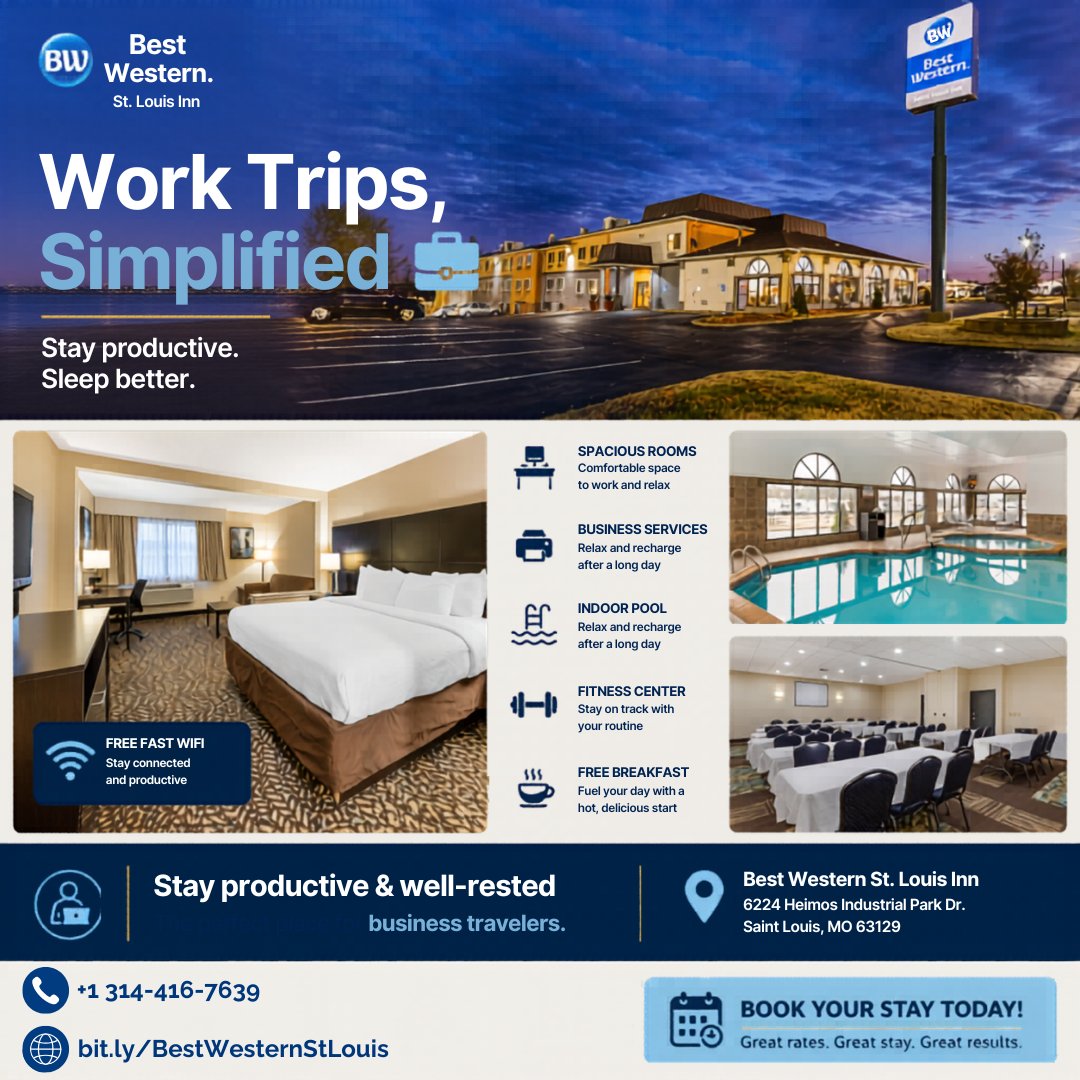 BW_StLouisInn's tweet image. Traveling for work doesn’t have to feel like work. With fast Wi-Fi, a business center, and easy highway access, your stay is smooth from check-in to checkout.

#BusinessTravel #WorkTrip #StayProductive #BestWestern