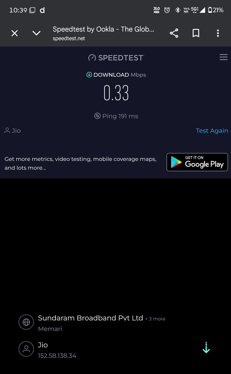 suvamdas_'s tweet photo. @JioCare  This is the speed of jio after complaining almost 10 times. The network is 5g ++ but the speed is like 2g . This is my last recharge on jio before 26 april I will be ported to another provider. @JioCare @reliancejio .Really I am not expecting this from you.shame on you. https://t.co/pC17ENEj3p