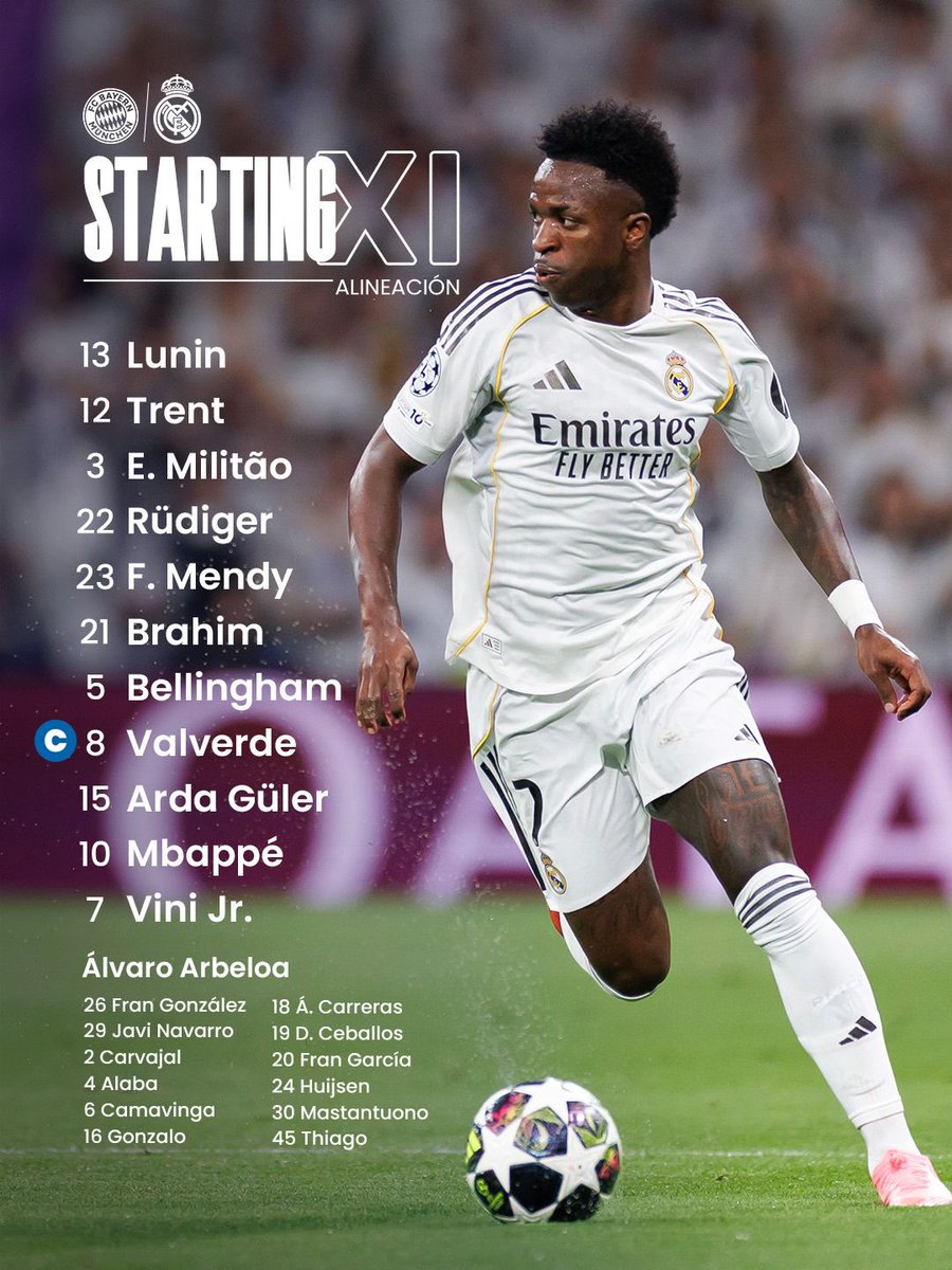 📋 Our starting XI!
✅ ¡Nuestro XI inicial!
🆚 FC Bayern München
<a href="/FCBayern/">FC Bayern München</a> <a href="/FCBayernEN/">FC Bayern</a> <a href="/MadridXtra/">Madrid Xtra</a> <a href="/realmadriden/">Real Madrid C.F. 🇬🇧🇺🇸</a> <a href="/realmadrid/">Real Madrid C.F.</a> <a href="/RMadridInfo/">Real Madrid Info ³⁶</a> <a href="/realmadridpt/">Real Madrid C.F. 🇧🇷🇵🇹</a> <a href="/realmadridpt/">Real Madrid C.F. 🇧🇷🇵🇹</a>