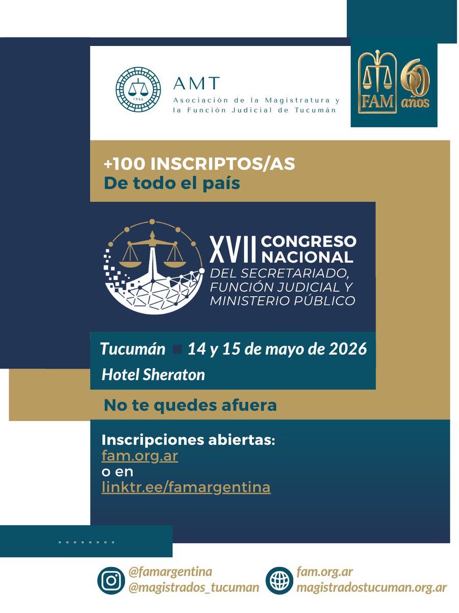 FAMyFJ's tweet image. 🚀 Más de 100 inscriptos/as

📍 Tucumán
🏨 Hotél Sheraton 
🗓️ 14 y 15 de mayo de 2026

📝 Inscripciones: forms.gle/NiDKF2P87AE8rt… 
👩🏻‍💻👨🏻‍💻 Info. sobre ponencias:
 fam.org.ar/posts/2665

#FAM #CongresoSecretariadoFAM #AMT
#Tucumán2026 #FAM60Años