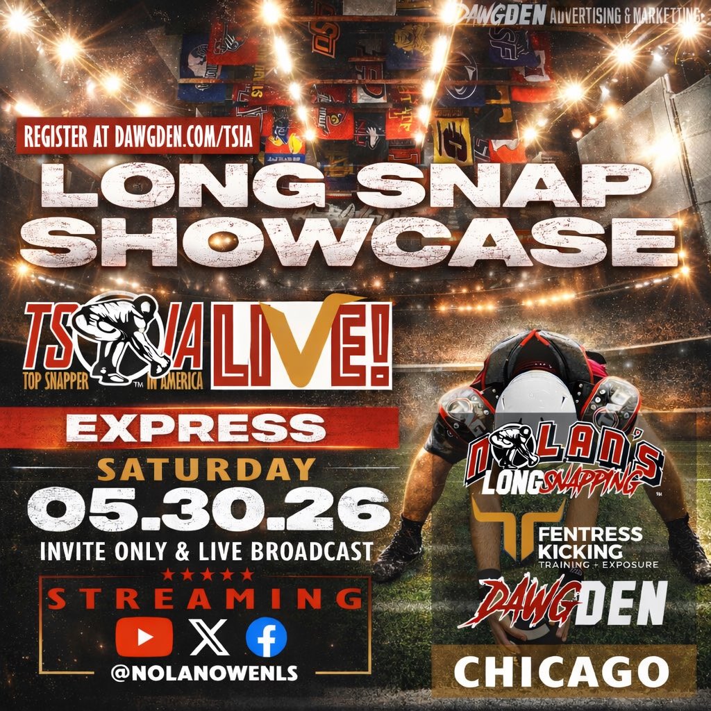 NolanOwenLS's tweet photo. 🚨DATE CHANGE‼️
 
📆 Sat. May 30, 2026

📢@NolanOwenLS and @FentressKicking
#TSIALive SPRING *EXPRESS* SHOWCASE in Chicago‼️

🫵Transfer, JUCO, High School #LongSnappers

☑️REGISTER➡️https://t.co/MgLAwX3bpq

📲Questions? DM us ASAP! 

 #NolansLongSnapping  #NolansDawgDen #FentressKicking #LongSnapper #LongSnapping