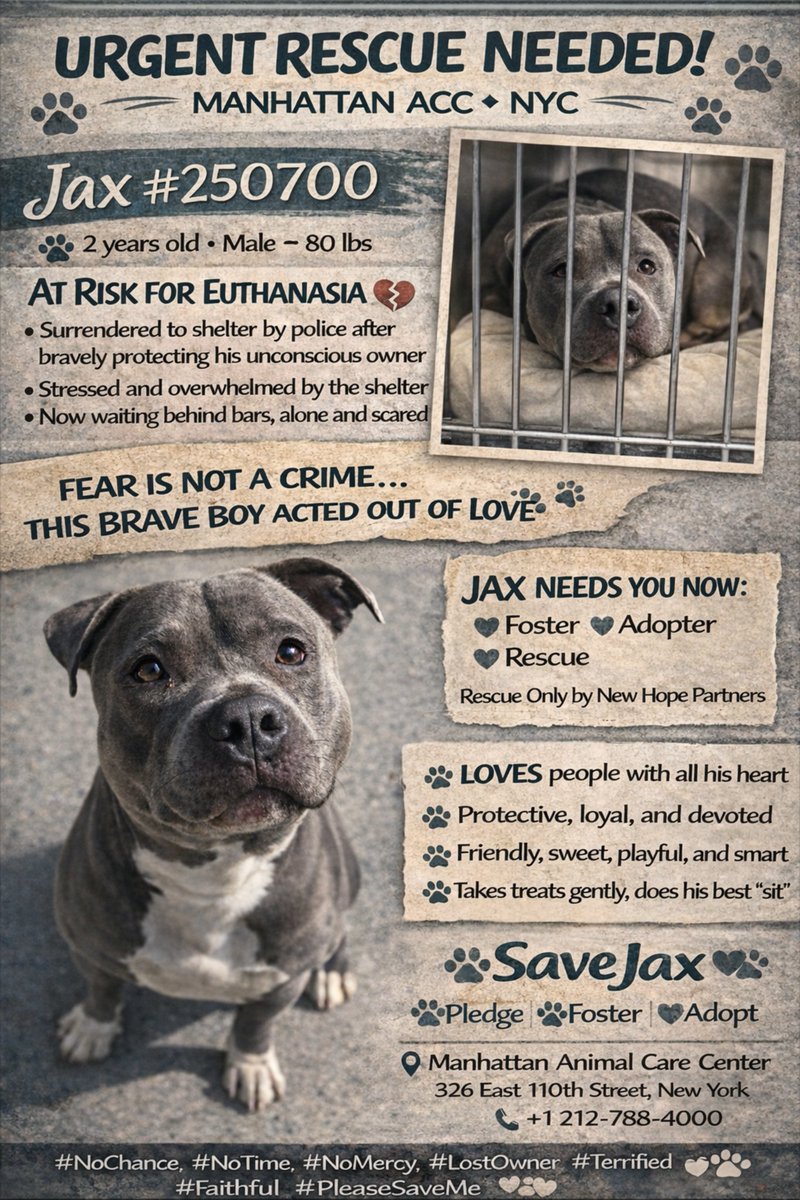 MSC1111's tweet photo. @MyBoxerLuvMac1 🚨 PLEASE FRIENDS LET’S SAVE JAX IN TIME 🚨
ID #250700 📍 NYCACC Manhattan
🐶 2 years old
⚖️ 81 lbs
🆘 AT RISK – NEEDS NEW HOPE PARTNER
Loyal, gentle boy who protected his human.
Now he needs us. Don’t let them fail him again!
#RescueJax #SaveJax #NewHopePartners #RESCUE https://t.co/FvXuVJeJft