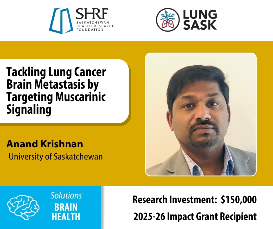 _SHRF_'s tweet photo. We proudly announce Anand Krishnan at @USaskMed as a Solutions – Brain Health grant recipient! Funded by @_SHRF_ and @LungSask.

Visit our website to learn more: https://t.co/UlRxTGQnDx

@SaskCancer https://t.co/5EEfRvrP7e