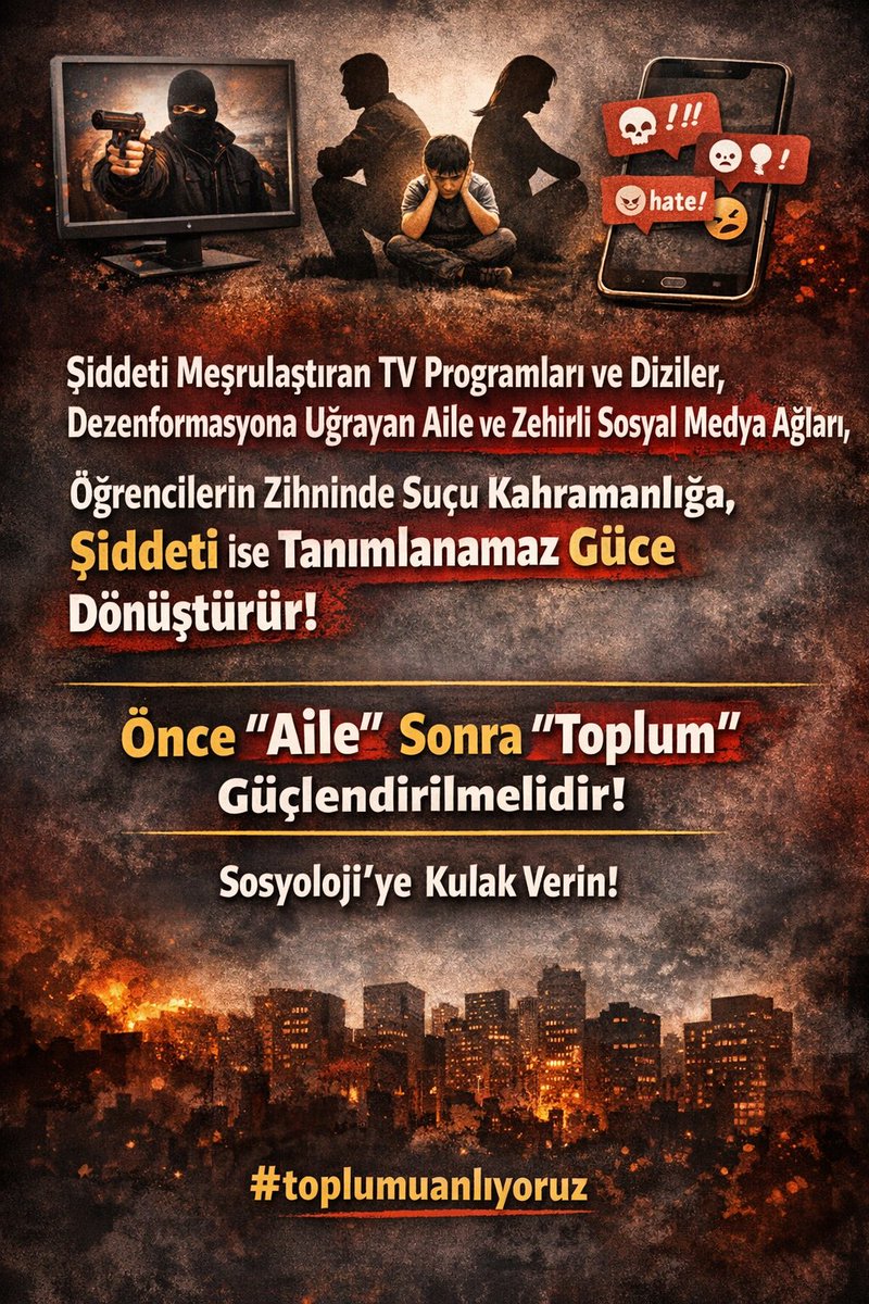 Şiddeti meşrulaştıran TV programları ve diziler, dezenformasyona uğrayan Aile ve zehirli Sosyal Medya Ağları, öğrencilerin zihninde suçu kahramanlığa, şiddeti ise tanımlanamaz güce dönüştürür. Önce "Aile" sonra "Toplum" güçlendirilmelidir.

Sosyoloji'yi dinle !
#toplumuanlıyoruz