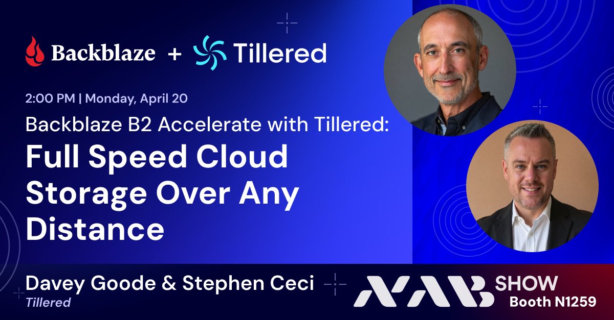 backblaze's tweet image. Join Davey Goode and Stephen Ceci at #NABShow to see how Backblaze B2 Accelerate + Tillered removes the distance penalty. See real #DataTransfer speeds up to 34x faster directly from #CloudStorage.

📍 Booth N1259 🕑 Monday, April 20 @ 2:00 PM