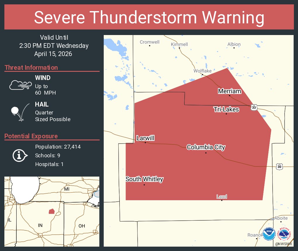 NWSIWX's tweet photo. Severe Thunderstorm Warning continues for Columbia City IN, South Whitley IN and  Tri-Lakes IN until 2:30 PM EDT https://t.co/SXra8xPlr5