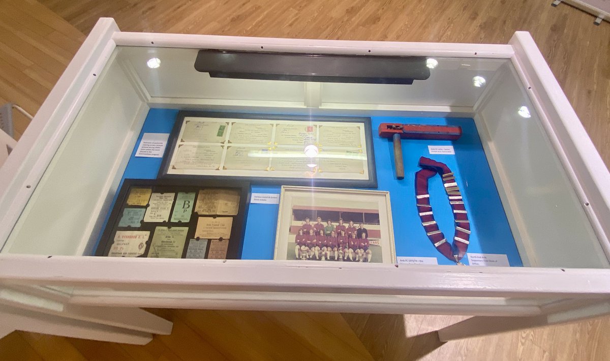 barstoolboy's tweet photo. 🟥🟦 The Ards FC 125th Anniversary exhibition  is currently on display at the Ards Visitor Information Centre in Regent Street, which will run until the end of April.

#RABA https://t.co/SF7YIoe9D6