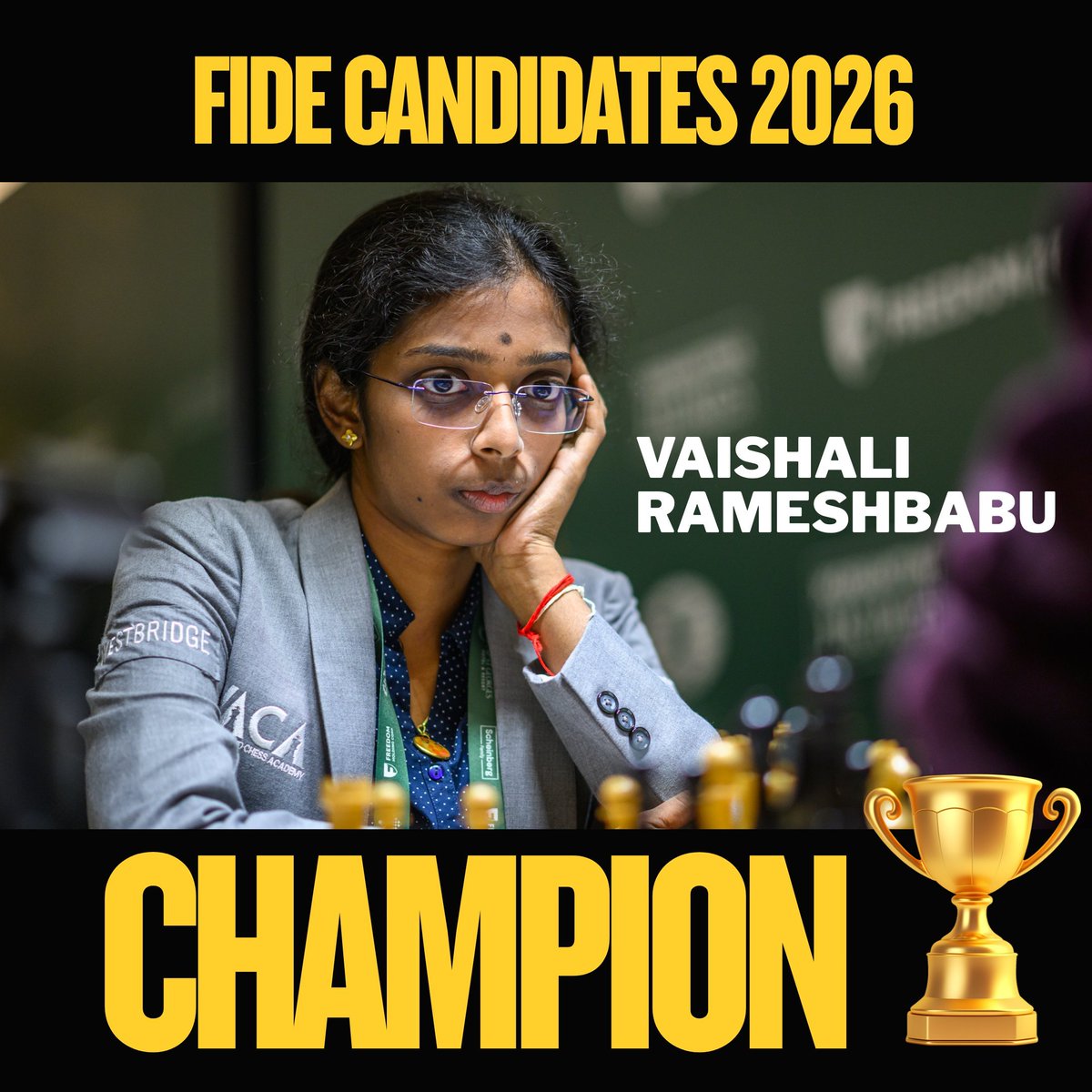 divyamittal_IAS's tweet photo. What a historic moment for Indian chess! 🇮🇳♟️

Heartiest congratulations @chessvaishali on winning the FIDE Women's Candidates Tournament — what a sensational triumph!

Wishing you all the very best for the World Championship match! 

Go conquer it! https://t.co/6Nm2otoN9e