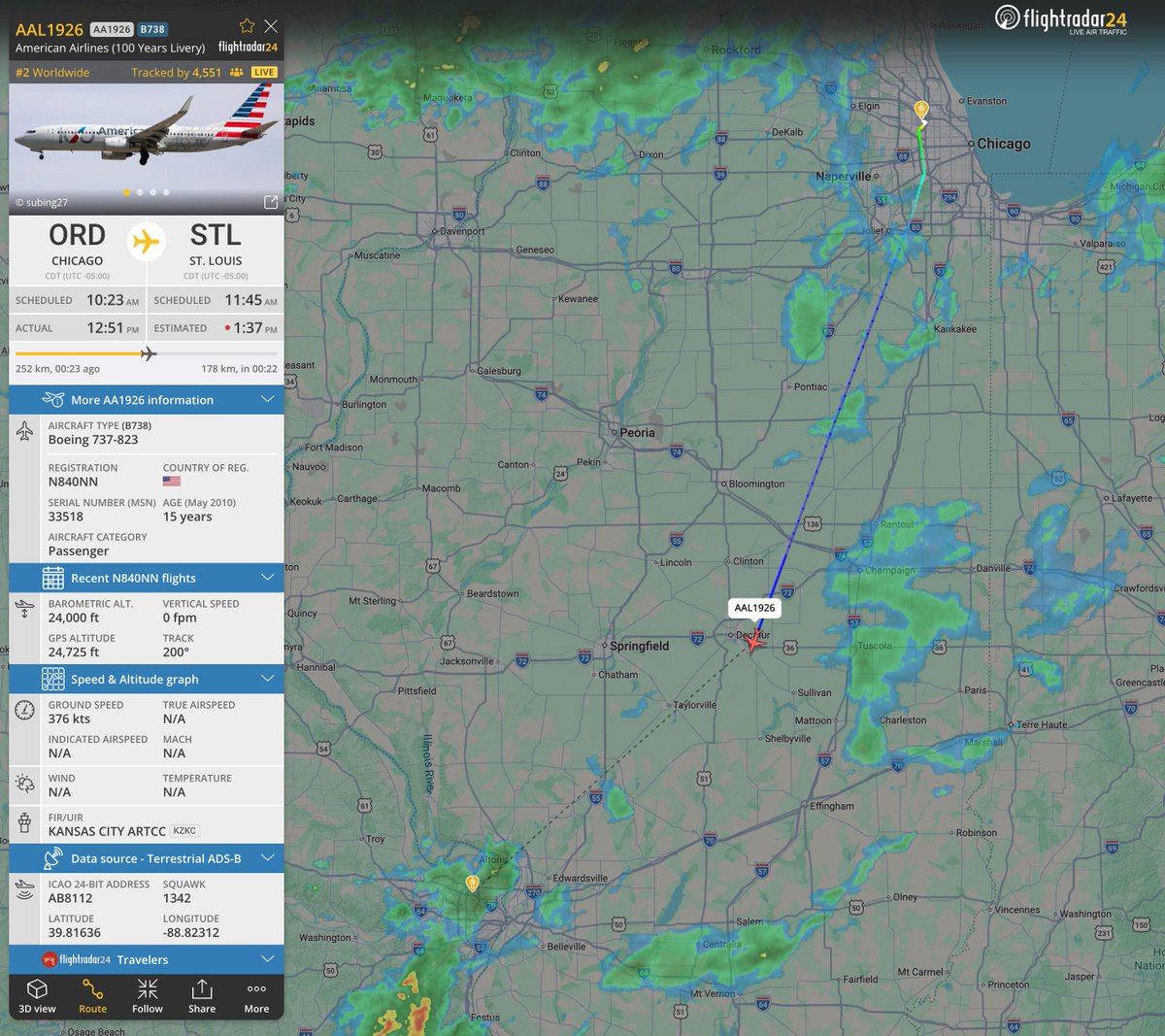 flightradar24's tweet image. Congratulations American Airlines on 100 years! #AA1926 retracing the first Chicago-St. Louis route is being operated by the airline’s special 100th anniversary livery 737. flightradar24.com/AAL1926/3f3bf7…