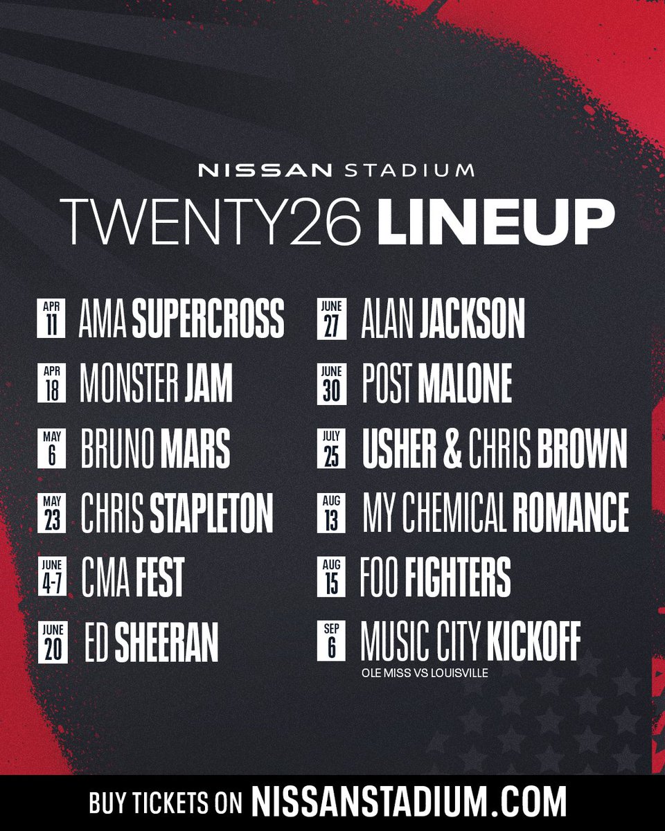 NissanStadium's tweet photo. Farewell Tour 🏟️

2026 Lineup for Nissan Stadium 

https://t.co/xiDWXrDTVA https://t.co/gnuOwDN058
