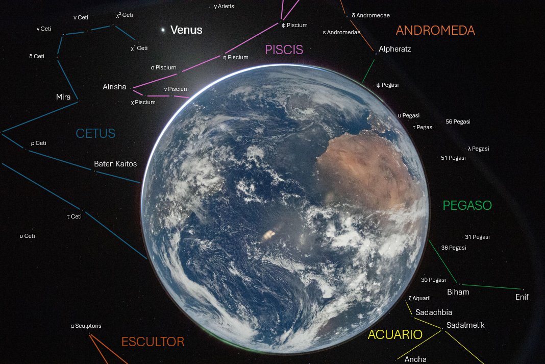 Me he tomado la libertad y el tiempo de colocar el nombre a algunas de las estrellas y constelaciones que aparecen en la ya memorable imagen de la Tierra tomada por la Artemis II.

Efectivamente, el punto brillante es Venus. Una foto para la historia.