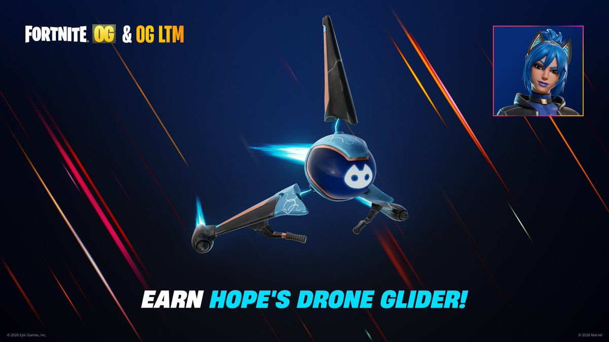 #Fortnite FREE OG Victory Royale Glider for Hope!

⏰ NOW - April 7th, 8am ET (13:00 UTC)
📝 Win a match of OG or OG Endgame
🎁 'Hope's Drone' Glider

🔗 Play now: fortnite.com/play/island/pl…