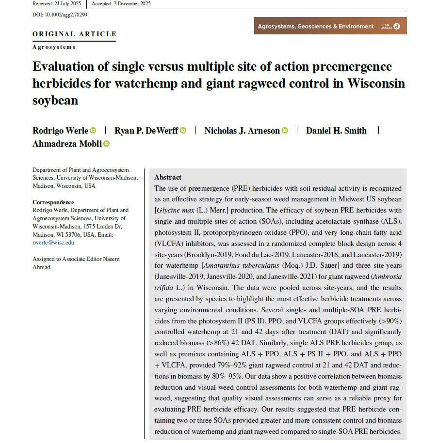 WiscWeeds's tweet image. As we approach the growing season in the Upper Midwest 🇺🇸, I’m happy to share our latest #WiscWeeds paper: "Evaluation of single vs. multiple site-of-action PRE herbicides for waterhemp and giant ragweed control in Wisconsin #soybean.”

✅Main takeaway: Don’t rely on a single
