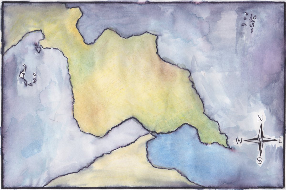 ThornORosemary's tweet image. [Old] Map of a country I made, made in watercolour what do you think? I want to may be try this again but actually make it of a city, with actual design in mind #watercolour #mapart