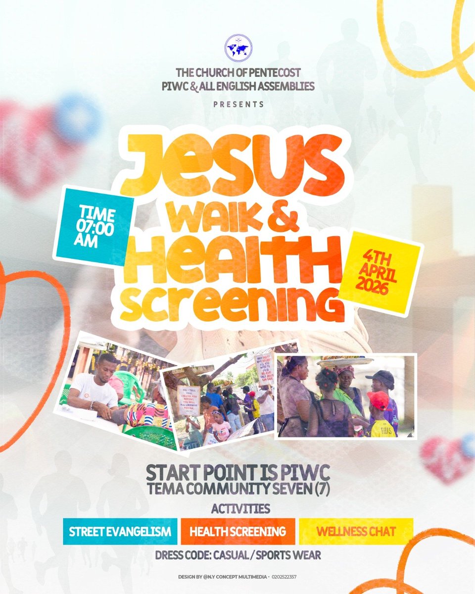 TemaPiwc's tweet photo. Join us for the Jesus Walk &amp; Health Screening this 4th April at 7:00 AM.
Let’s walk for Christ, check our health, and connect as a community.
📍 Start point: PIWC Tema Community 7
#JesusWalk #HealthAndFaith #PIWCTema https://t.co/zjpFBMWj5o