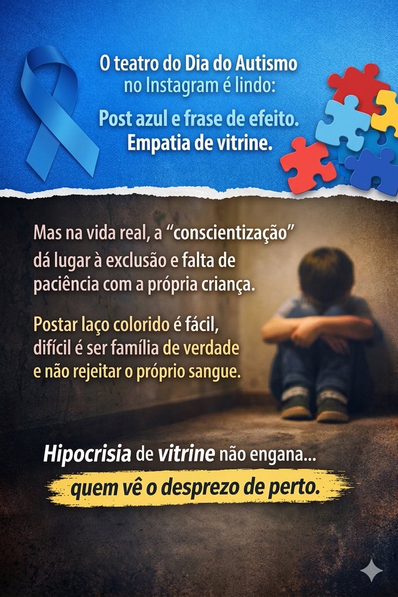 O Instagram aceita qualquer filtro, inclusive o da 'família consciente'. Mas a realidade de uma criança autista não precisa de frase de efeito, precisa de presença e aceitação. Menos estética e mais verdade. 
Quem exclui o ano inteiro não tem moral pra pregar amor um dia por ano