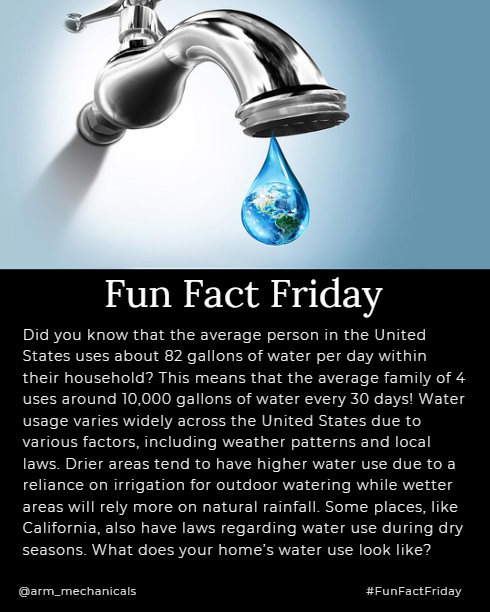 arm_mechanicals's tweet image. Happy Friday! Do you ever worry about your home's water usage? Minor repairs and regular maintenance can help reduce your water usage and, by extension, lower your water bill! What does your home's water usage look like? #FunFactFriday #PlumbingFacts