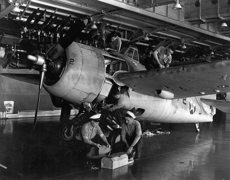WW2Facts's tweet image. A F4F-3 Wildcat carrier-based fighter aircraft undergoing maintenance in USS Enterprise's hangar deck on October 28, 1941.

#History #WWII