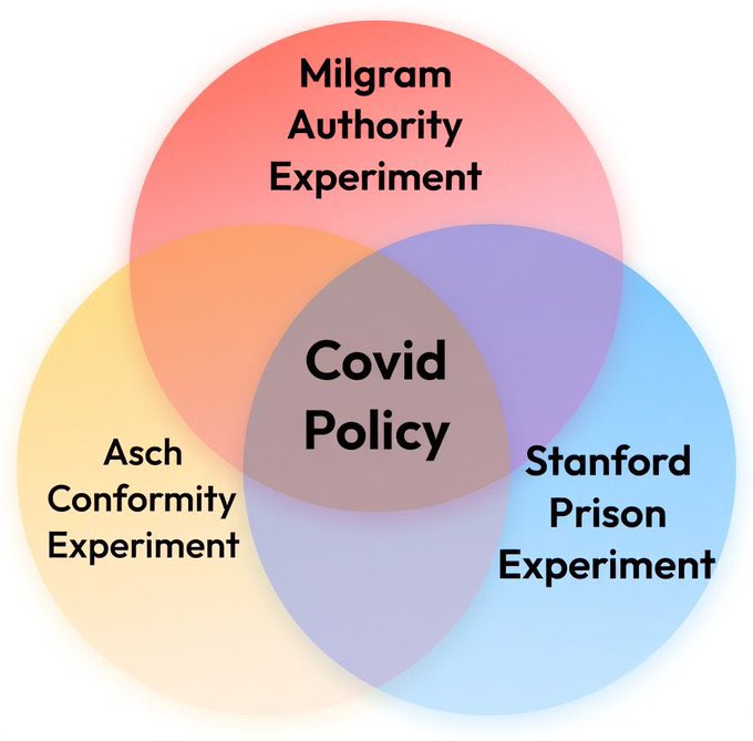 zauberberg188's tweet photo. «Someone put this diagram together and it deserves to be read slowly.

Three of the most disturbing psychological experiments in modern history placed in a Venn diagram with COVID policy sitting precisely at their intersection.

They were not wrong.

Most people know the Milgram experiment. Ordinary people administering what they believed were lethal electric shocks to strangers because an authority figure in a white coat told them to continue. We wrote about this. COVID replicated it at planetary scale, the doctors, the neighbours, the employers, the family members who enforced mandates with a zeal that had nothing to do with science and everything to do with institutional obedience.

But the other two are equally important and far less discussed.

The Asch Conformity Experiment demonstrated something even more fundamental. Solomon Asch showed in the 1950s that a significant majority of people will deny the evidence of their own eyes will give an answer they know to be factually wrong, simply because everyone else in the room is giving that answer. Not because they were threatened. Not because they were paid. Because the social pressure of the group was sufficient to override direct sensory experience.

This is what masking a healthy population, cancelling Christmas, and demanding that people treat their neighbours as biological threats actually accomplished. It was not about any of those things specifically. It was about training an entire population to override their own perception and defer to the group consensus, however absurd that consensus became.

And then the Stanford Prison Experiment.

Philip Zimbardo’s 1971 study abandoned early because it spiralled so rapidly out of control, showed that ordinary people assigned roles of authority over other ordinary people will, within days, begin to abuse that authority in ways they would have found unthinkable before the role was assigned. The guards became cruel not because they were cruel people but because the structure gave them permission and the institution backed them up.

We watched this happen in real time.

The COVID marshals. The border agents turning families away. The hospital administrators barring visitors from dying patients. The teachers reporting parents. The neighbours calling police on children playing in parks. The HR departments gleefully processing terminations for the unvaccinated. Ordinary people, handed a role and a uniform of institutional approval, discovering capacities for cruelty that their pre-2020 selves would not have recognised.

Now go deeper.

Because the institution at the centre of this, the one that has connected these threads across decades is not an accident of history.

Stanford sits at the intersection of centralised medicine, defence research, and the surveillance architecture that has been constructed around human attention and behaviour for the better part of a century. The Stanford Research Institute. The connections to MKUltra the CIA’s mind control programme that ran from the early 1950s and included everything from Mexican mescaline experiments to the weaponisation of LSD on unwitting subjects, overseen by figures who moved seamlessly between military intelligence and the medical establishment.

From General Groves who oversaw the Manhattan Project and the deliberate suppression of radiation health data to Sidney Gottlieb, the CIA chemist who ran MKUltra’s most extreme programmes. The through-line is not conspiracy. It is institutional continuity. The same networks. The same funding streams. The same willingness to use human beings as experimental subjects in the service of power dressed as science.»

Dr. David Martin on Telegram