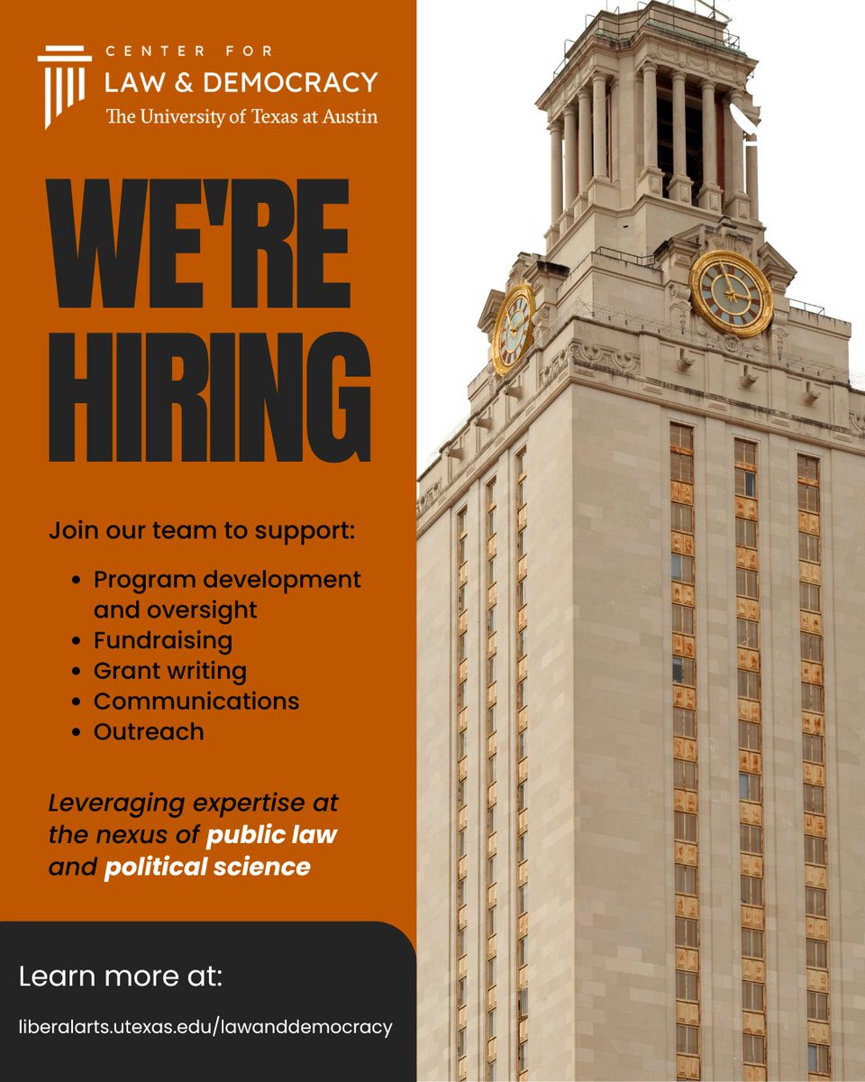 LawDemCenter's tweet photo. We are #hiring! If you have a passion for law and democracy, join us to oversee daily program operations, develop and fund new programs, and work with stakeholders across UT and globally to advance democracy.

Read more at https://t.co/GeRb72Yoku.

We look forward to connecting! https://t.co/yKEWWCDuAh