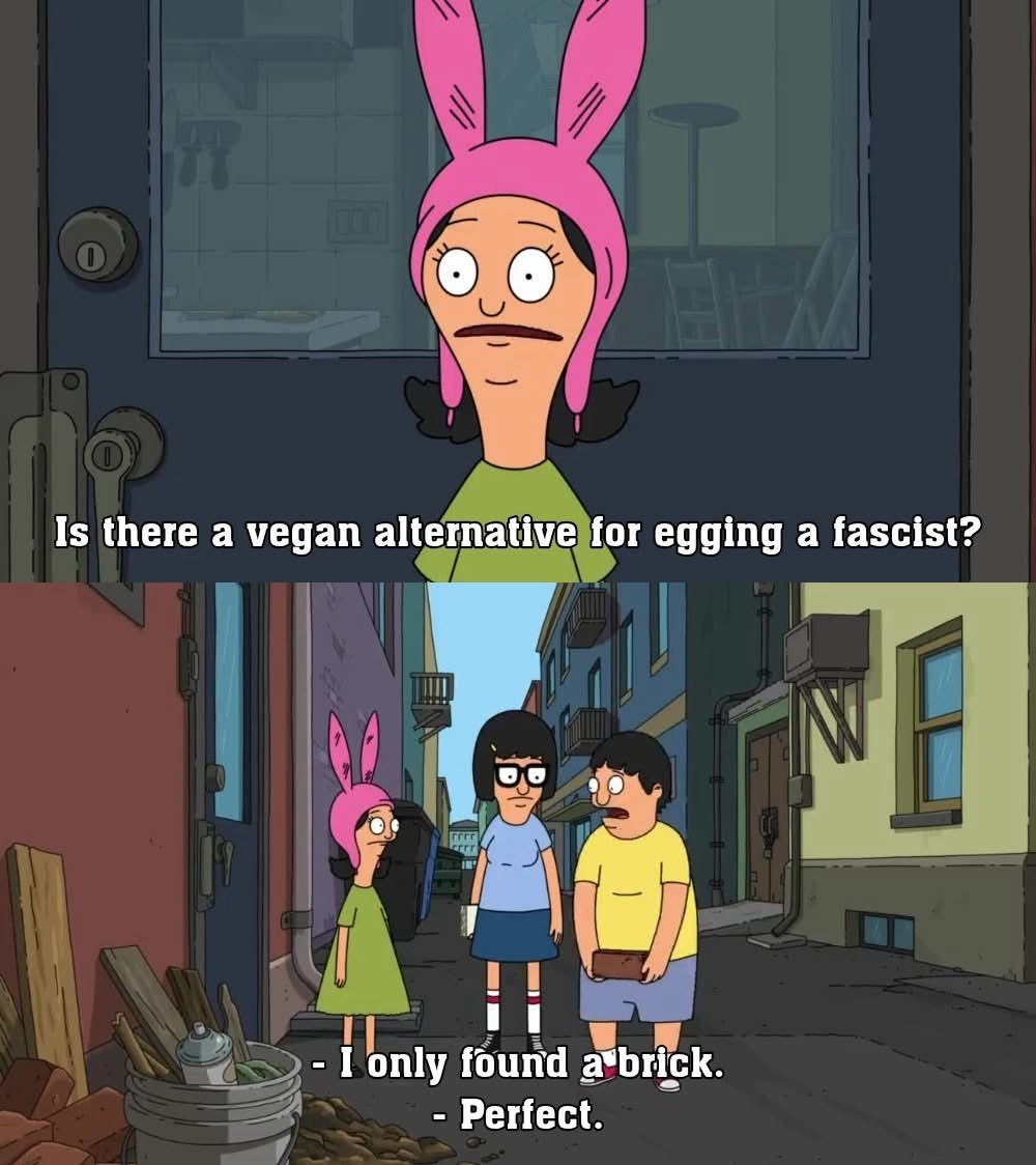 ultras_antifaa's tweet photo. “Is there a vegan alternative for egging a fascist?”

“I only found a brick.” https://t.co/F7DJfi1X0j