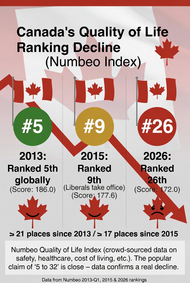 Canada just dropped from #5 most livable country in the world (2013) to #26 today (Numbeo Quality of Life Index).When the Liberals took office in 2015 we were still #9.

Now we’re #26,  a brutal 17-place collapse in safety, healthcare, housing &amp; cost of living. This decline is