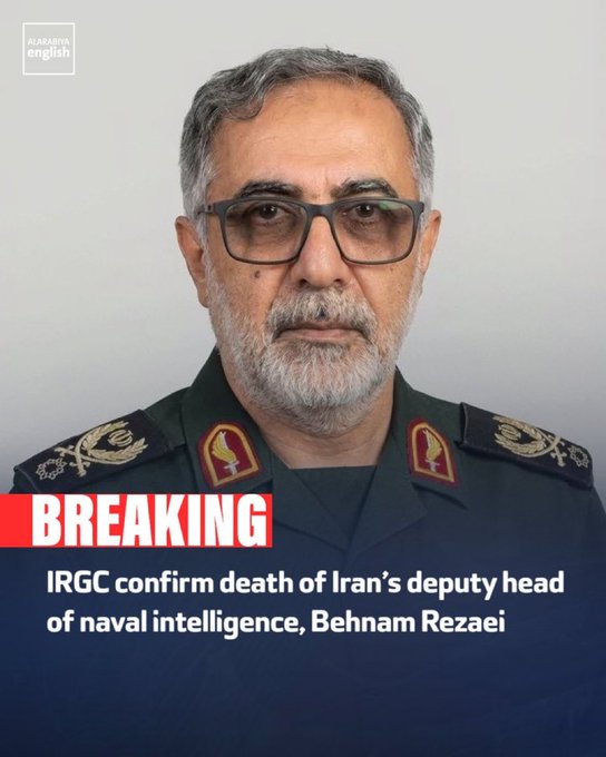 ÚLTIMA HORA: La Guardia Revolucionaria iraní confirma la muerte de Behnam Rezaei, subdirector de inteligencia de la Armada del Cuerpo de la Guardia Revolucionaria Islámica.