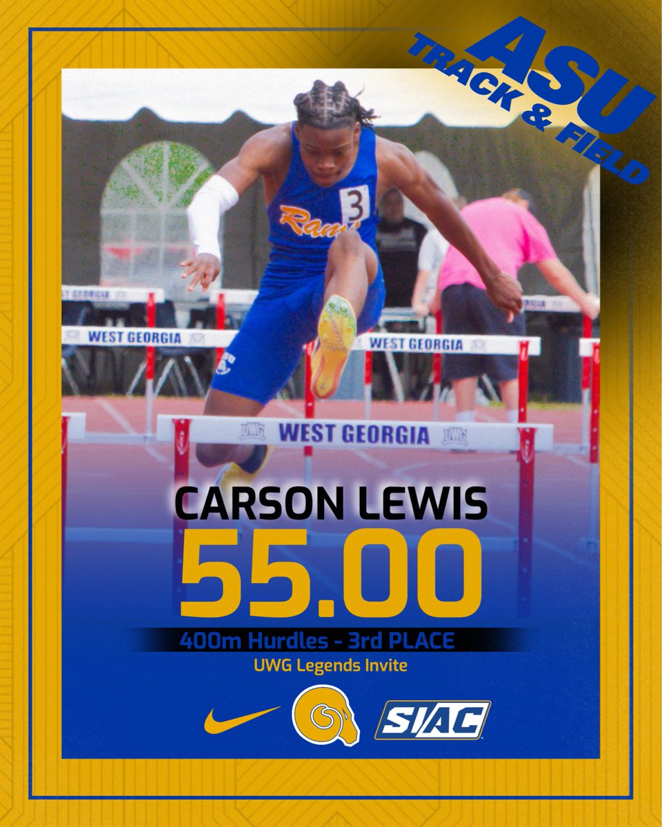 ASUTFXC's tweet photo. Carson takes 🥉 in the Men’s 400m Hurdles on Day 1 of the UWG Legends Invite 

#ASUTF | #THESTANDARD | #EARNIT 🐏💙💛 #HBCUtrackandfield https://t.co/jvwPDa6Et4