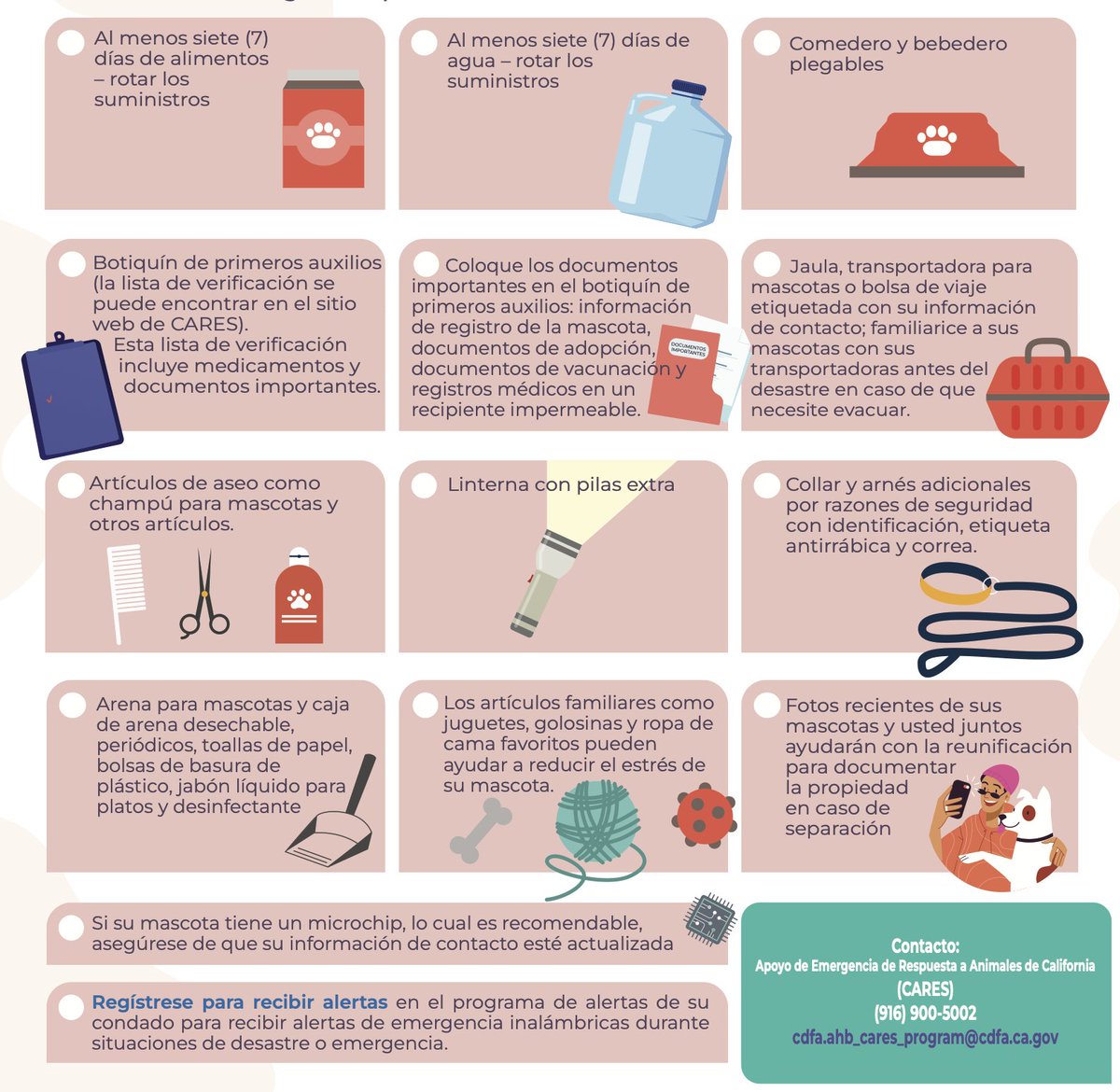 cdfa_cares's tweet image. Abril es el Mes de la Preparación para Terremotos. Empieza por armar el kit de emergencia de tu mascota. 

Si tuvieras que salir hoy mismo, ¿estaría lista tu mascota? Un kit de emergencia puede marcar una gran diferencia durante un desastre.

#PetPreparedness #EmergencyKit #CARES