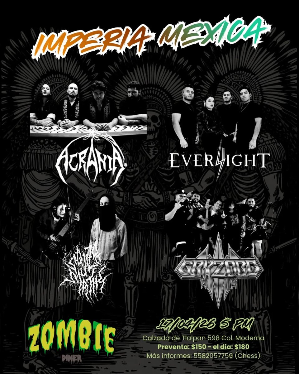 LlamadoBestia's tweet image. 17 de Abril en el #ZombieDiner, se presentan @AcraniaOfficial #Everlight #Squizoomatik y #Gryzord