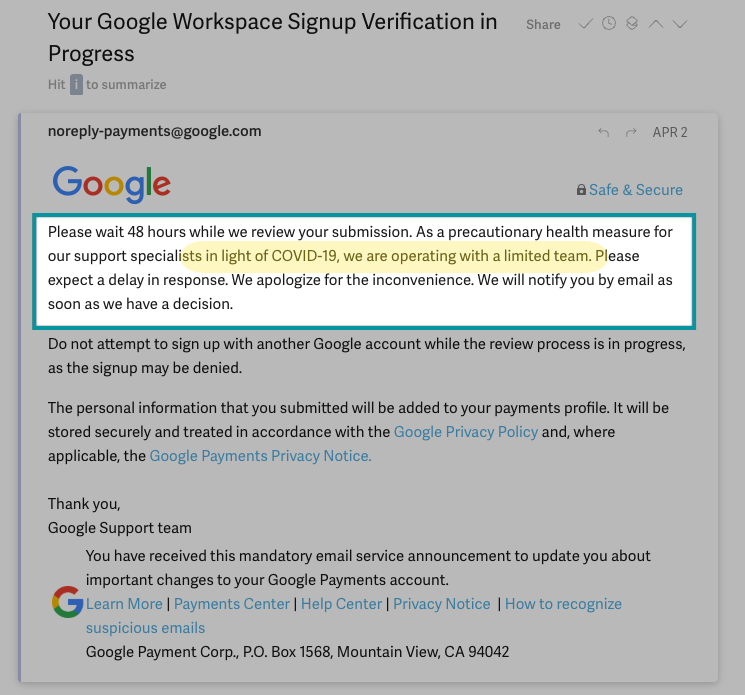 erngut's tweet photo. 6 years later and @GoogleWorkspace is still operating with a limited team *in light of COVID-19* https://t.co/uTKYlrIK5w