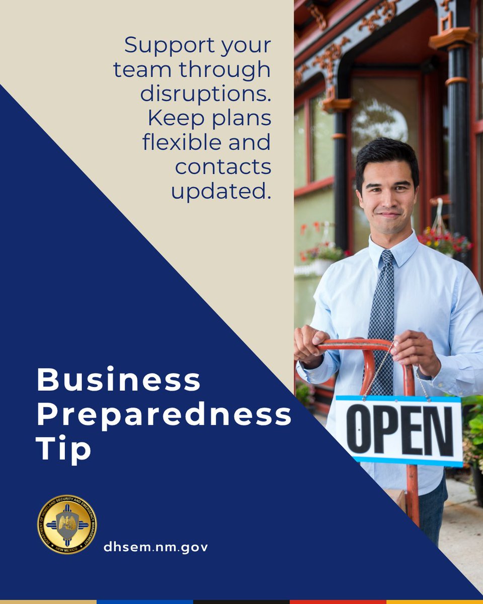 NMDHSEM's tweet photo. #BusinessPreparednessTip:
Your team may be affected by wildfires, even if your business isn’t.

• Check in with employees during active incidents.
• Plan for flexible schedules or leave.
• Keep contact information up to date.

Supporting your team helps keep operations steady. https://t.co/iBgAzhw2vy