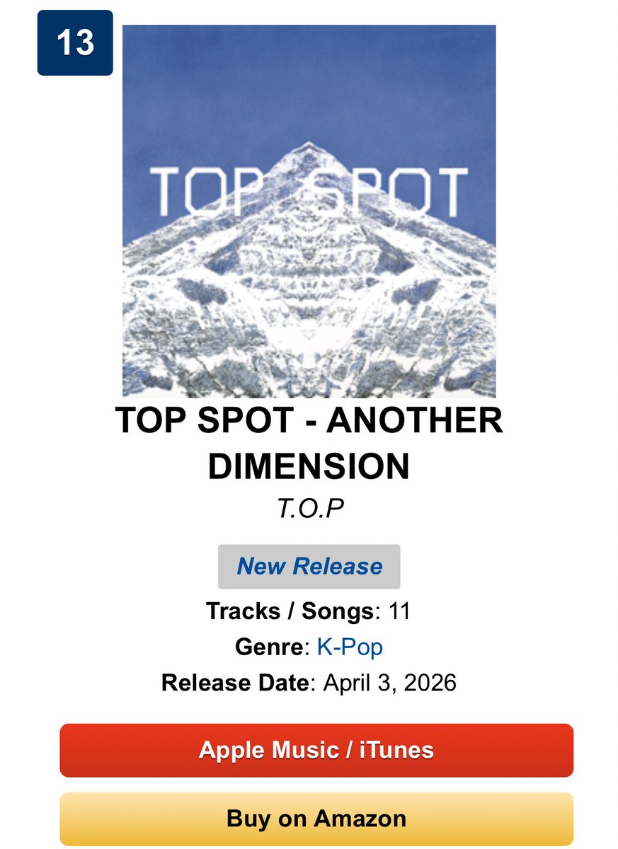 BBWorldTrends's tweet image. #T.O.P #ANOTHER_DIMENSION in iTunes Top Album Charts 

#73New-Brazil
#10New-Japan
#11New-Mexico
#8New-United Kingdom 

And it enters in the #UnitedStates iTunes Album Chart in 8 Hrs at #13th spot 😭👏. I did check another site to confirmed hence cant see in Kworb😭.