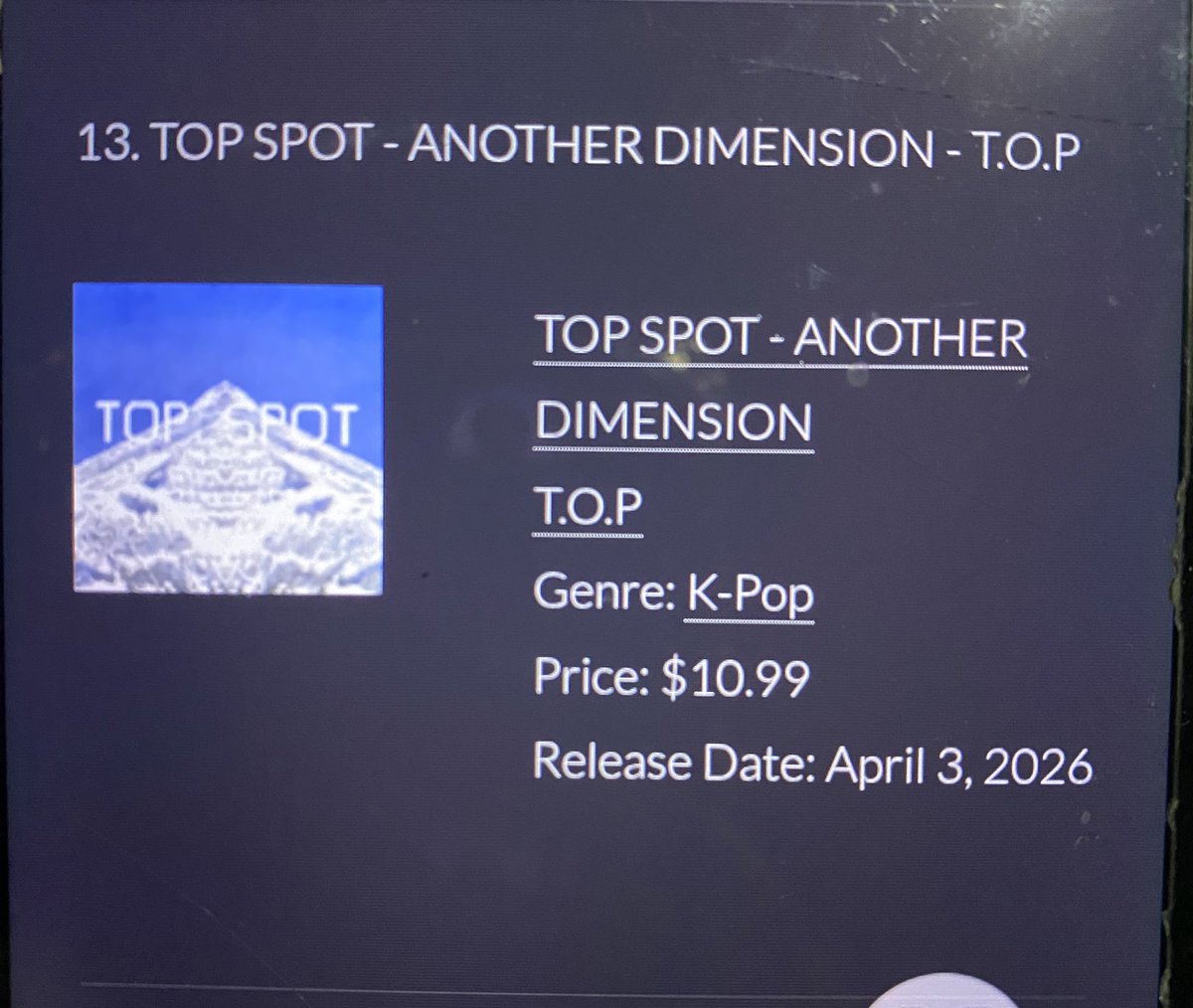 BBWorldTrends's tweet image. #T.O.P #ANOTHER_DIMENSION in iTunes Top Album Charts 

#73New-Brazil
#10New-Japan
#11New-Mexico
#8New-United Kingdom 

And it enters in the #UnitedStates iTunes Album Chart in 8 Hrs at #13th spot 😭👏. I did check another site to confirmed hence cant see in Kworb😭.
