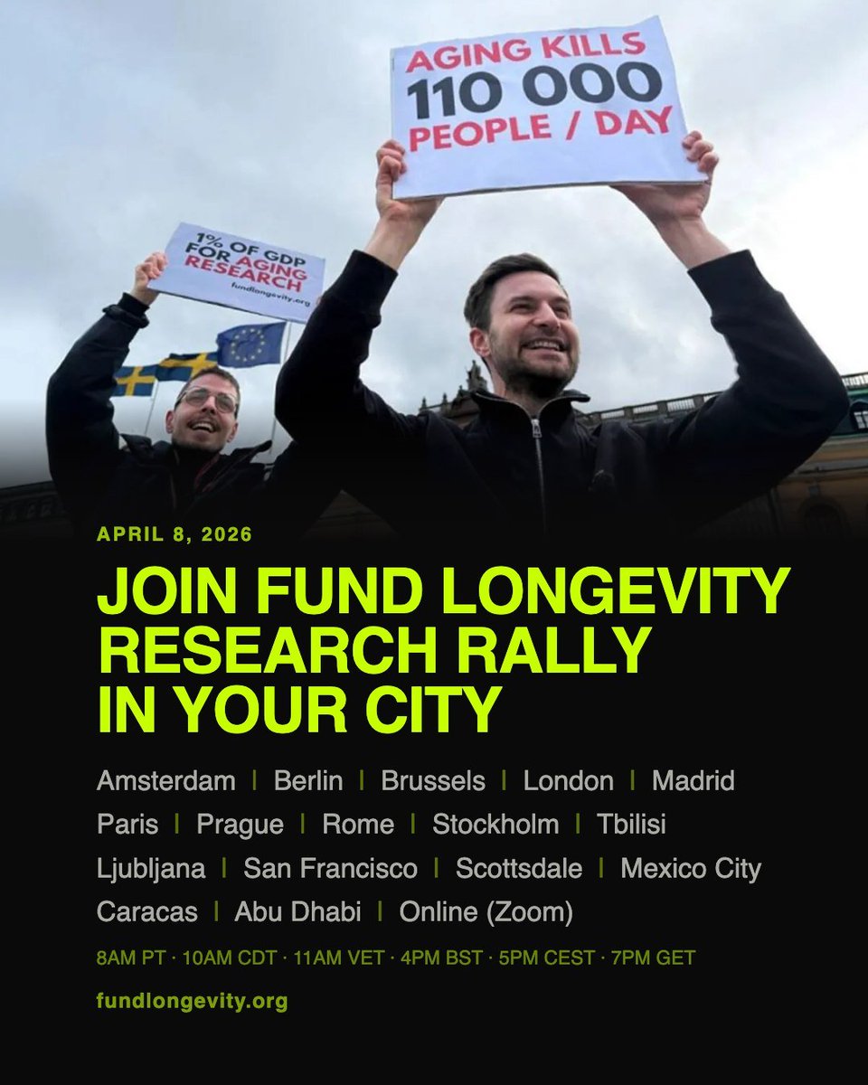 strygah's tweet photo. Our friends are launching Fund Longevity and taking longevity advocacy to the streets. 

📍 one of 16 cities or online!
📣 spread the word!

@LinusPeters @vladileshko @longevitynastya https://t.co/f46czoEBdi