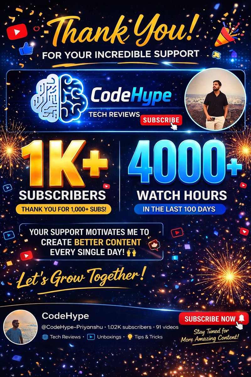pk24iitm's tweet photo. ๐ WE DID IT! ๐
CodeHype just crossed 1K+ Subscribers & 4000+ Watch Hours in the last 100 days! ๐ฅ
From 0 to here
Iโm truly grateful to all ๐
โก This is just the beginning
โ Priyanshu
#CodeHype #1KSubscribers #YouTubeGrowth #ThankYou #TechYouTuber #Milestone #4000WatchHours https://t.co/R0oUKi7sUm