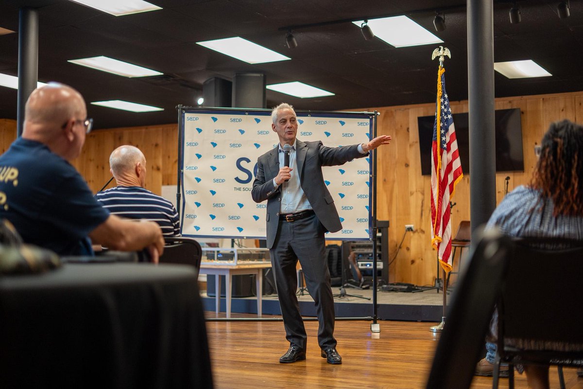 scdp's tweet image. From Abbeville to Newberry to Allendale, the SCDP was #OnTheRoad with Rahm Emanuel, focused on one thing: education.

Listening to local voices and having real conversations about what South Carolina’s students and schools need. #scdems #scpol